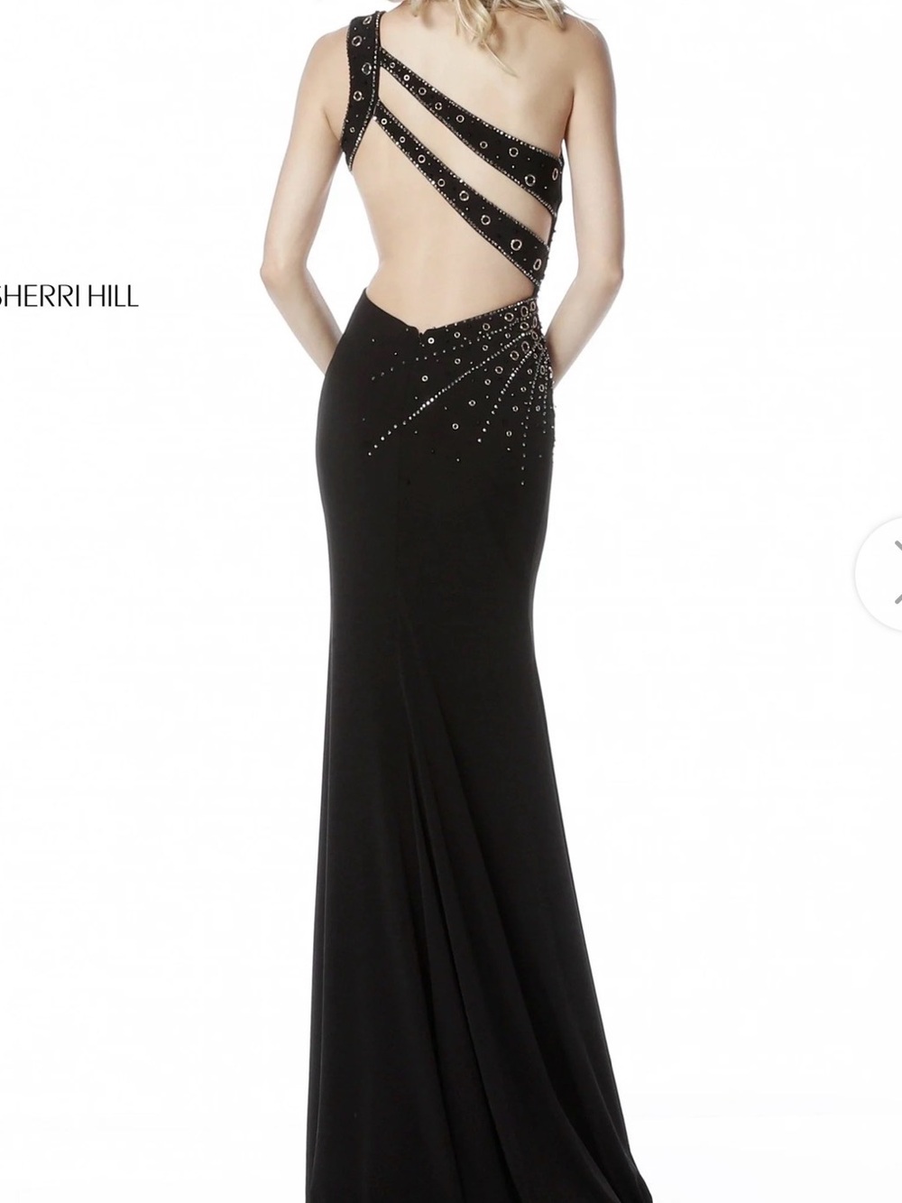 Sherri Hill Black One-Shoulder Embellished Evening Gown - Picture 3 of 6